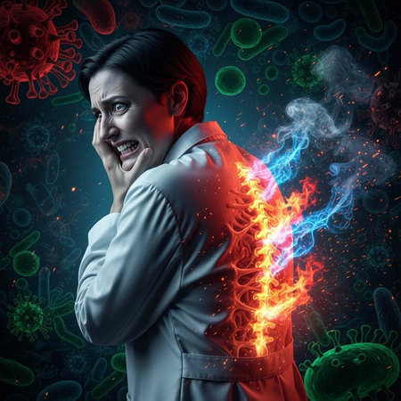 A woman in pain with a glowing spine and microbes in the background