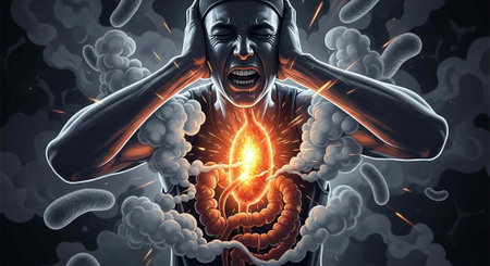 A man experiencing intense abdominal pain with a glowing intestine and smoke coming out of his body