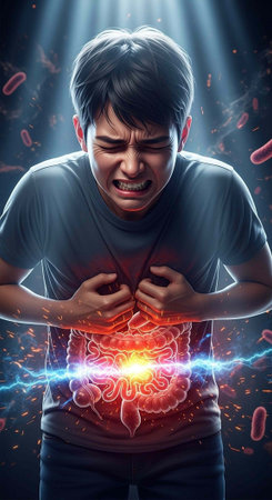 A man clutching his stomach in pain with a glowing red and yellow light emanating from his abdomen
