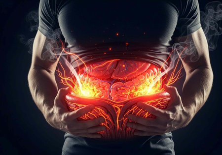 A muscular man clutching his inflamed stomach in agony with a glowing red digestive system visible...