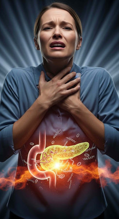 A woman clutching her chest in pain with an inflamed pancreas glowing brightly inside her body.