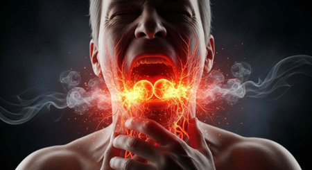 A man clutching his throat in agony with flames and smoke emanating from his mouth and neck