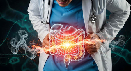 A doctor in a white coat holds his stomach with a glowing red illustration of intestines and a...