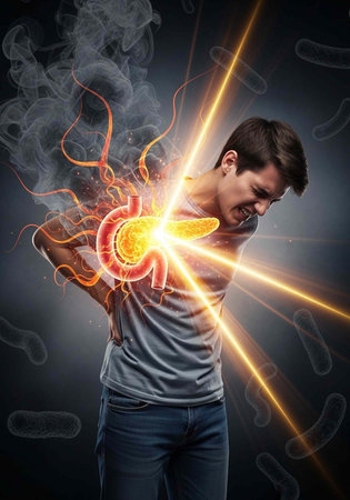 A man clutching his stomach in pain with a glowing red and yellow light emanating from his abdomen
