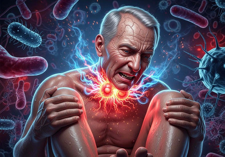 An elderly man experiencing pain and discomfort with a glowing red and blue representation of...