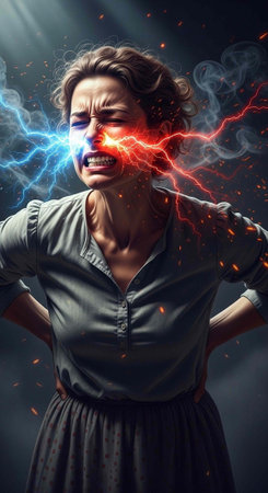 A woman experiencing a migraine with lightning bolts and sparks emanating from her head
