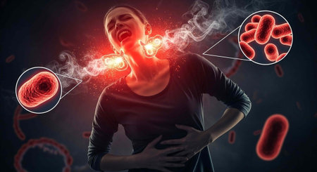 A woman experiencing throat pain and discomfort with a viral infection