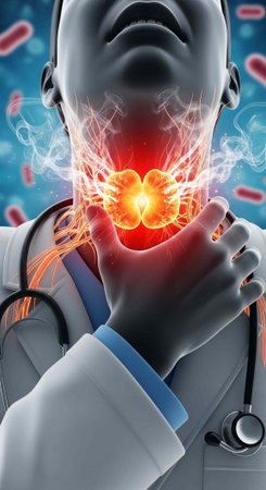 A doctor experiencing throat pain with a glowing red illustration of the thyroid gland in his neck