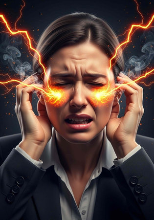A stressed businesswoman experiencing a headache with lightning bolts in her eyes