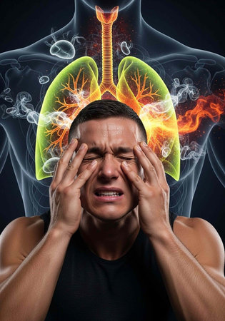 A man experiencing severe headache and discomfort due to lung problems and respiratory issues.の写真素材