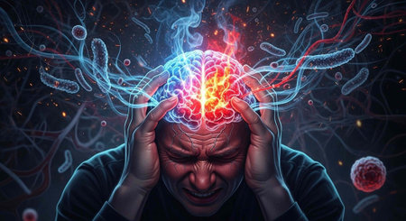 A man experiencing mental anguish with a vibrant and dramatic brain surrounded by microorganisms