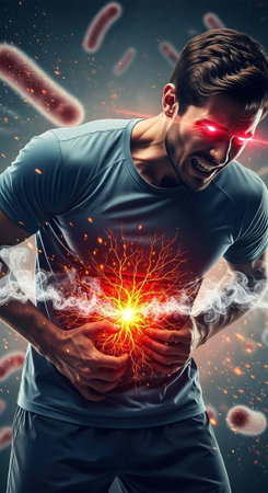 A man clutching his stomach in pain with a fiery sensation and bacteria in the backgroundの写真素材