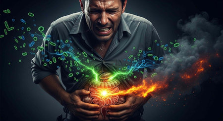 A man experiencing intense stomach pain with glowing colorful flames and smoke coming out of his...