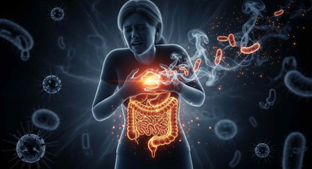 A woman experiencing abdominal pain with a glowing intestine and surrounded by bacteria