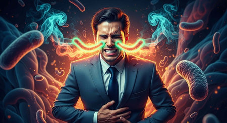 A businessman experiencing stomach pain and discomfort with a vibrant and dramatic background of...