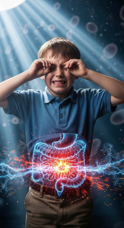 A young boy experiencing stomach pain with a glowing illustration of his intestines.