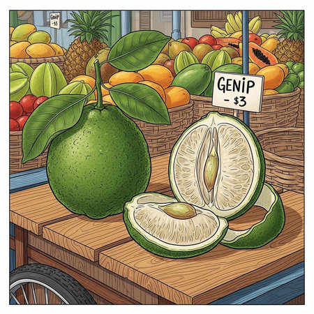 A vibrant green genip fruit on display at a bustling outdoor market with various colorful fruits