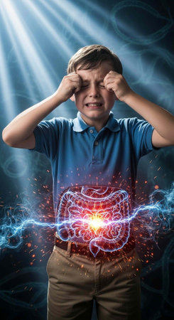 A young boy experiencing stomach pain with a glowing red and blue illustration of his intestines.