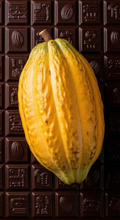 A vibrant yellow cacao pod rests on a rich dark chocolate background with intricate textureの写真素材