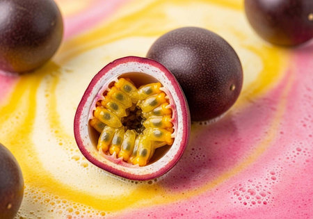 A vibrant and colorful close-up of passionfruit on a swirly pink and yellow background with foamの写真素材
