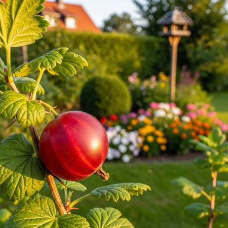 A vibrant red gooseberry hangs from a lush green bush in a serene garden with colorful flowers and a birdhouse.の写真素材