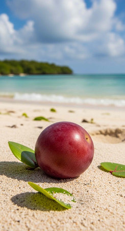 A vibrant red mango lies on a sandy beach with green leaves scattered around it under a blue sky