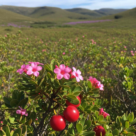 A vibrant field of pink flowers and green bushes with red berries under a blue sky with rolling...