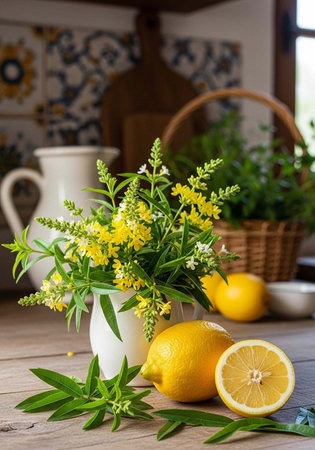A vase with yellow flowers and lemons on a wooden kitchen table with a basket and pitcherの写真素材