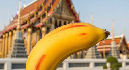 A ripe banana in front of a traditional Thai temple on a clear dayの写真素材