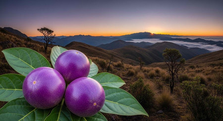 A serene mountain landscape with purple fruit and green leaves at sunset