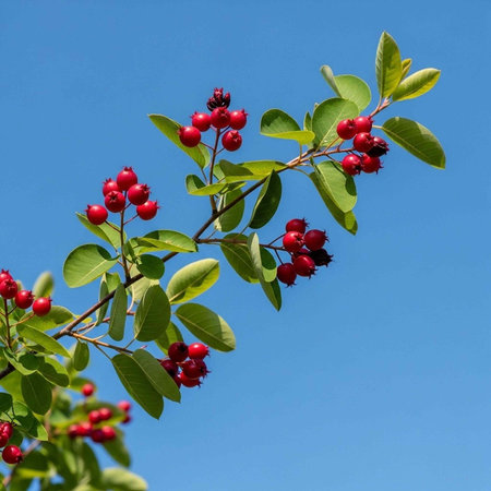 A vibrant branch of red berries against a clear blue sky on a sunny day in nature