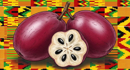 A vibrant illustration of three purple passion fruits on a colorful geometric patterned background