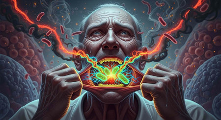 Elderly man with glowing microbes in mouth, surrounded by bacteria and viruses in a dark, ominous...