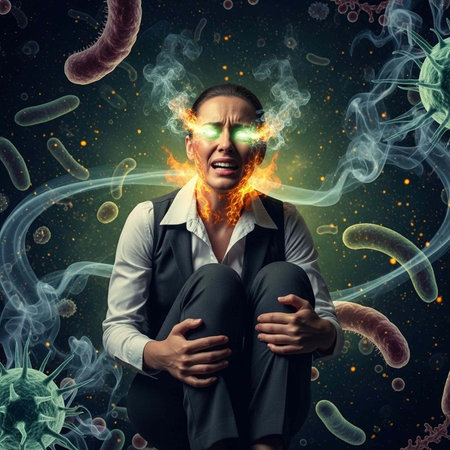 Person in formal wear amidst microorganisms with flames and smoke emanating from face