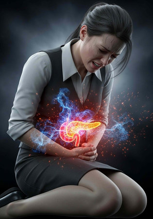 Businesswoman in pain, clutching her abdomen with a highlighted kidney and glowing effect