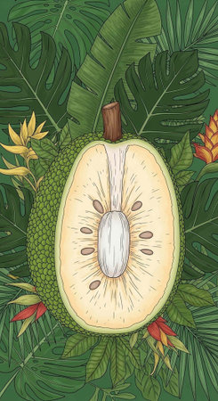 A vibrant illustration of a cut open fruit surrounded by lush tropical leaves and colorful flowers