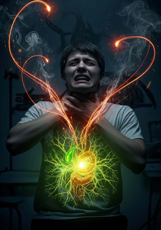 A man clutching his chest in pain with a glowing yellow and orange light emanating from his body