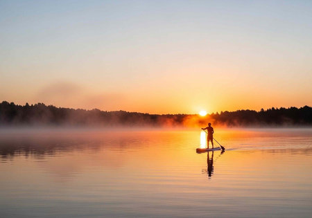 A person paddleboarding on a serene lake at sunrise with a misty atmosphere and vibrant colorsの写真素材