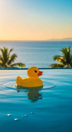 A yellow rubber duck floats in an infinity pool overlooking the ocean at sunsetの写真素材