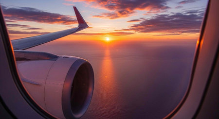 A serene airplane window view of a vibrant sunset over the ocean during a peaceful flight