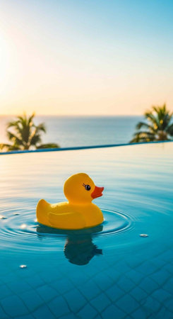 A yellow rubber duck floats in an infinity pool overlooking the ocean at sunset