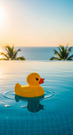 A yellow rubber duck floats in an infinity pool overlooking the ocean at sunset