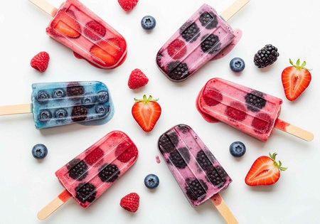 A colorful arrangement of homemade fruit popsicles with fresh berries on a white background