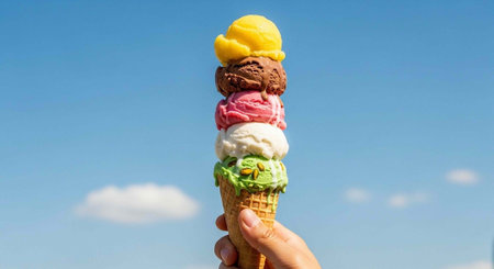 A hand holding a colorful ice cream cone against a bright blue sky with fluffy white clouds