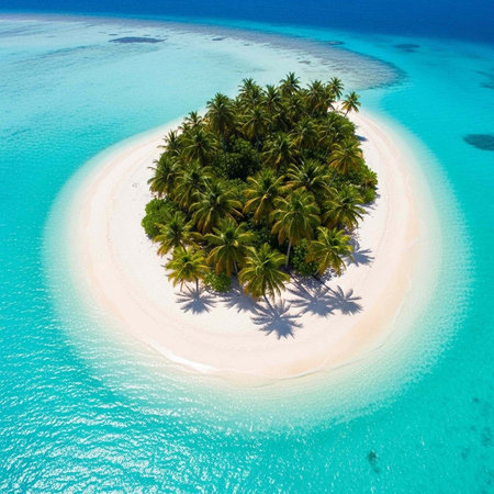 Aerial view of a small tropical island with palm trees and white sandy beach surrounded by turquoise...