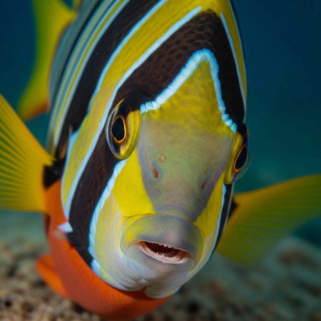 A vibrant fish with striking yellow, black, and blue stripes swims near the ocean floor, showcasing...
