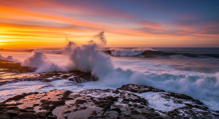 A dramatic ocean wave crashes against a rocky shoreline during a vibrant sunset with a serene sky