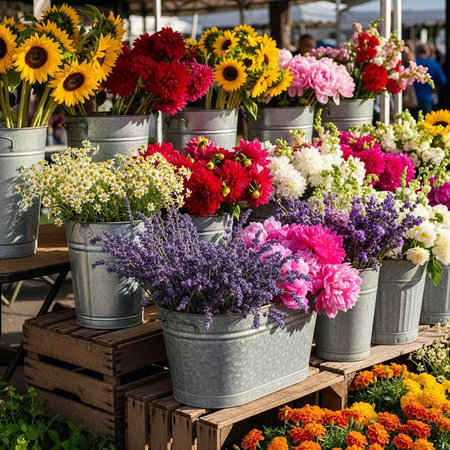 A vibrant display of colorful flowers in metal buckets at an outdoor market on a sunny day