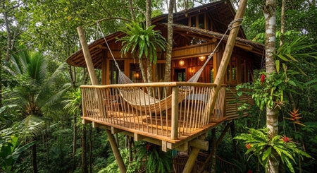 A serene treehouse nestled in a lush forest with a hammock on the balcony