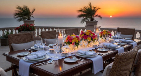 A beautifully set table on a patio overlooking the ocean at sunset with candles and flowers